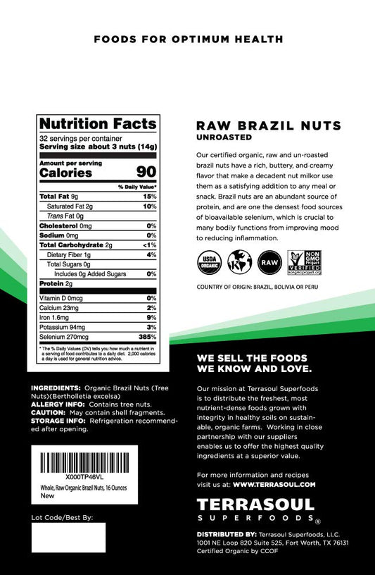 Terrasoul Superfoods Organic Brazil Nuts, 1 Lb - Raw | Unsalted | Rich in Selenium