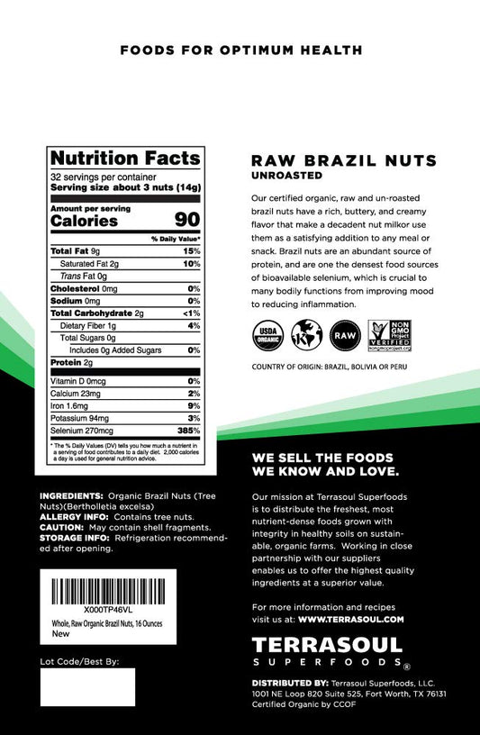 Terrasoul Superfoods Organic Brazil Nuts, 1 Lb - Raw | Unsalted | Rich In Selenium