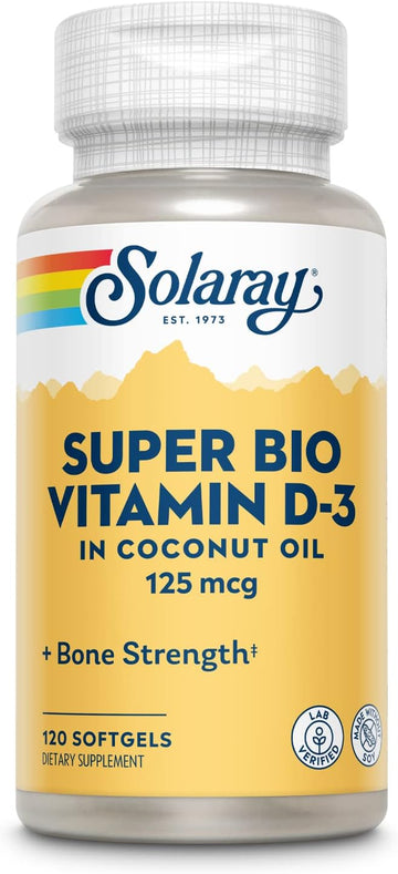 SOLARAY Super Bio Vitamin D-3 in Non-GMO Coconut Oil 5000IU Strong Bones & Immune System Support High Bioavailability No Soy 120 Softgels