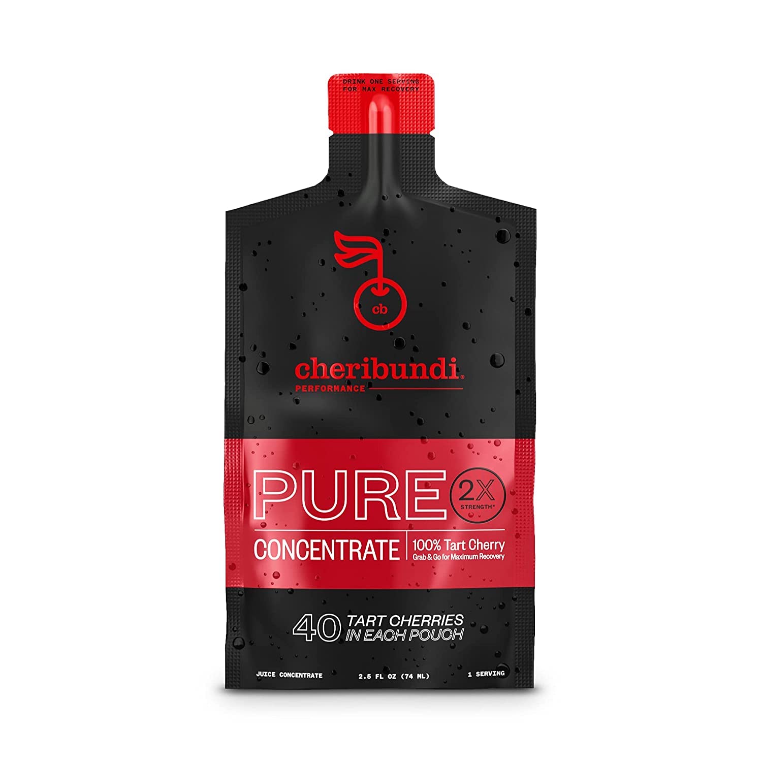 Cheribundi 100% Tart Cherry Juice Pure Performance Concentrate Grab And Go 2.5Oz Pouch For Maximum Recovery With 40 Tart Cherries, 100 Calories, 0 Sugar, 0 Preservatives, Non-Gmo, 6 Pouches