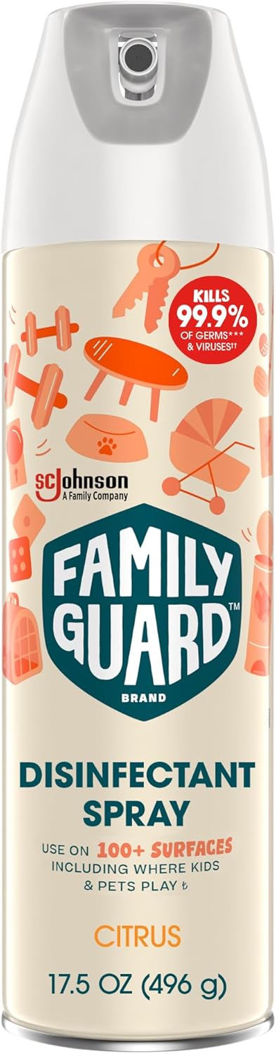 Family Guard Brand Disinfectant Spray Aerosol, Antibacterial & Sanitizing Spray, Use On 100+ Surfaces Including Where Kids & Pets Play, Citrus Scent, 17.5 Oz (Pack Of 1)