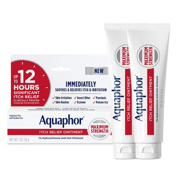 Aquaphor Itch Relief Ointment, 1% Hydrocortisone Anti Itch Skin Ointment, 1 Ounce (Pack of 2), White