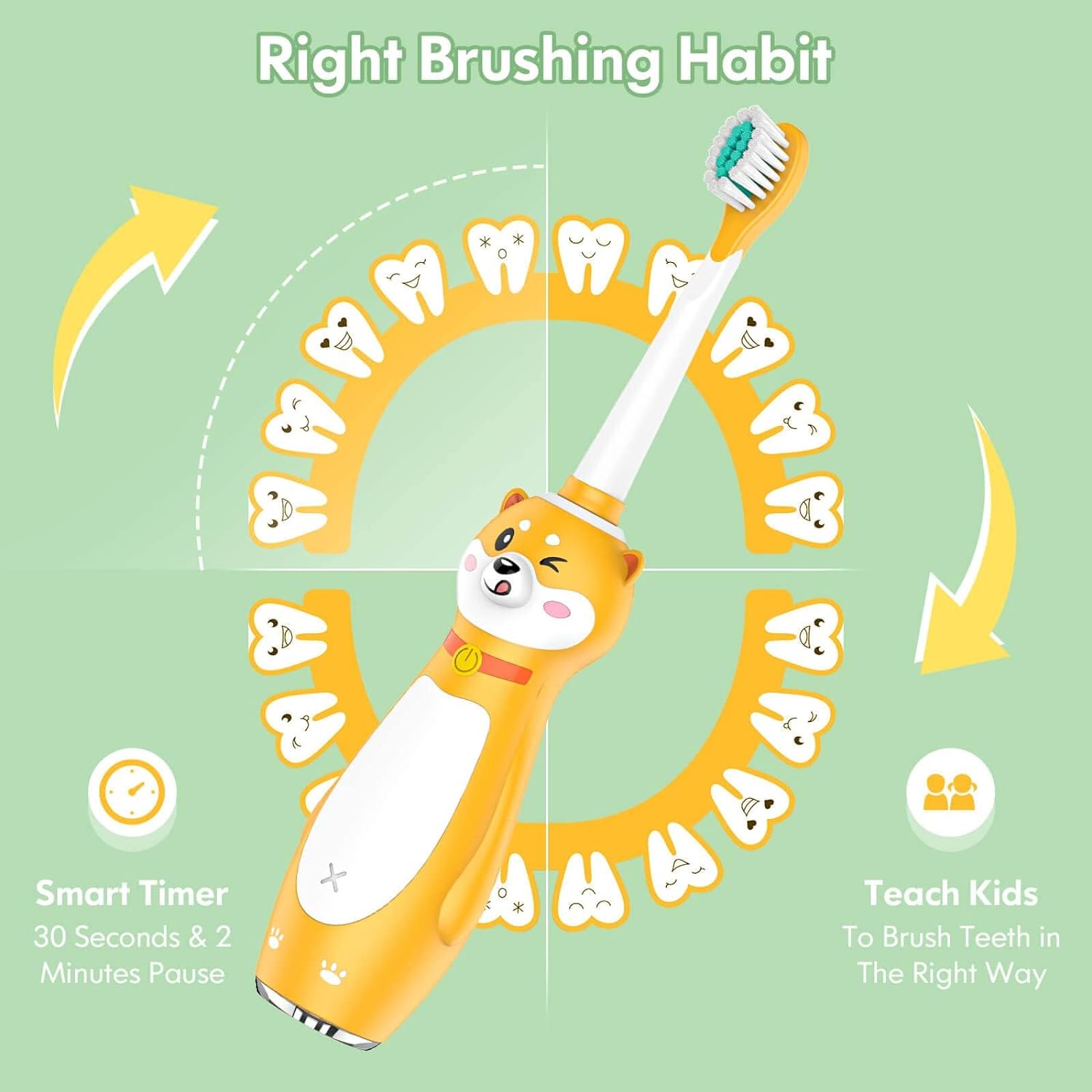 DADA-TECH Kids Electric Toothbrush Rechargeable, Sonic Silicone Teeth Brush with Timer for Children Boys Girls Ages 3+, 3 Modes with Memory, 4 Soft Brush Heads (Yellow Shiba Inu Dog) : Health & Household