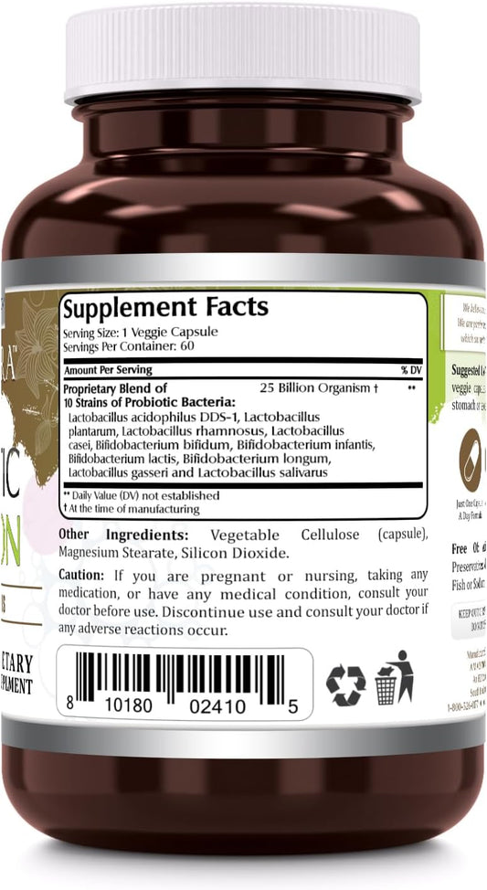 Amazing Flora Probiotic Supplement | 25 Billion-10 Strains | 60 Veggie Capsules | Non-Gmo | Gluten-Free | Made In Usa