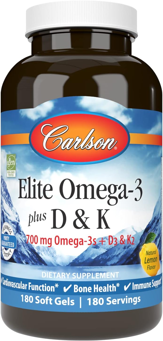 Carlson - Elite Omega-3 Plus D & K, 700 mg Omega-3s + D3 & K2, Function, Bone Health & Immune Support, Lemon, 180 Softgels
