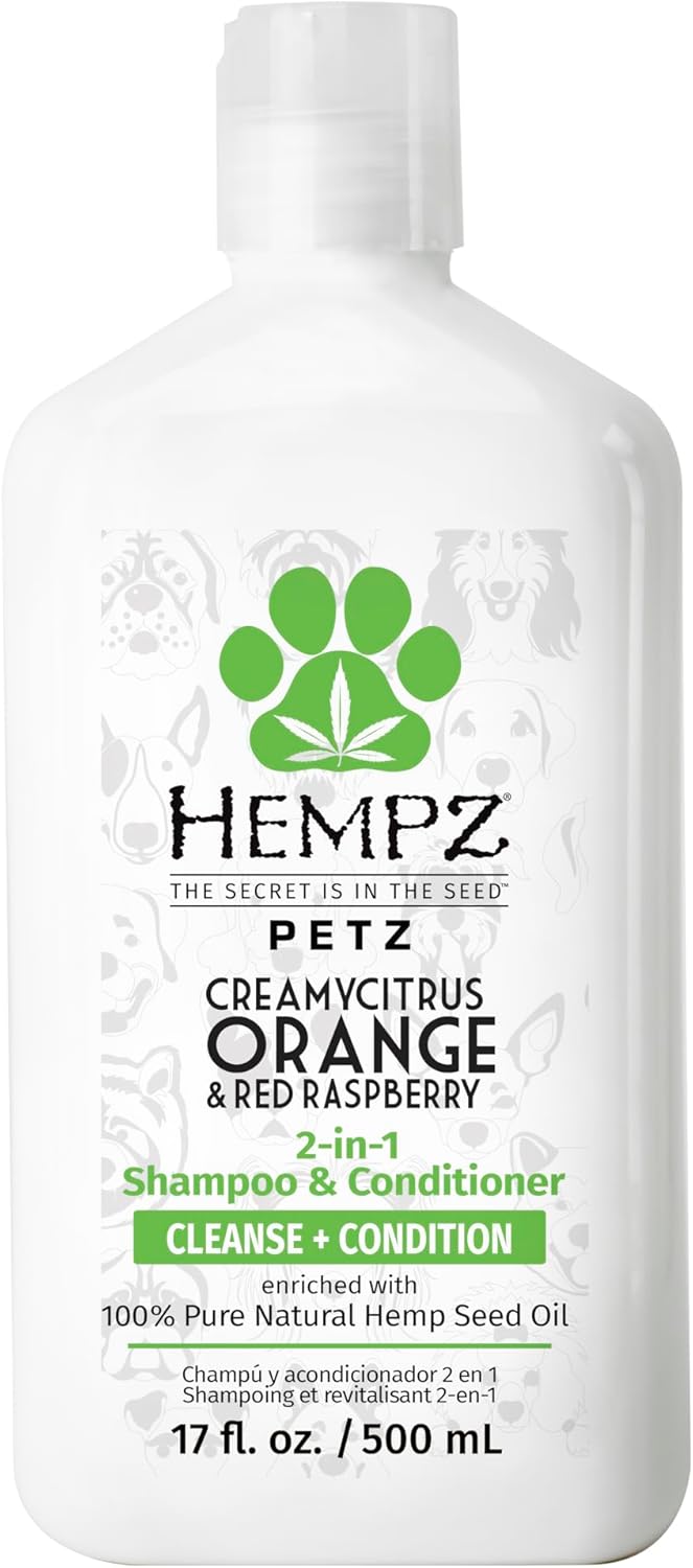 Hempz Petz, Dog Shampoo & Conditioner, Creamy Citrus Orange & Red Raspberry 2 In 1 Herbal Shampoo & Conditioner 17 Oz