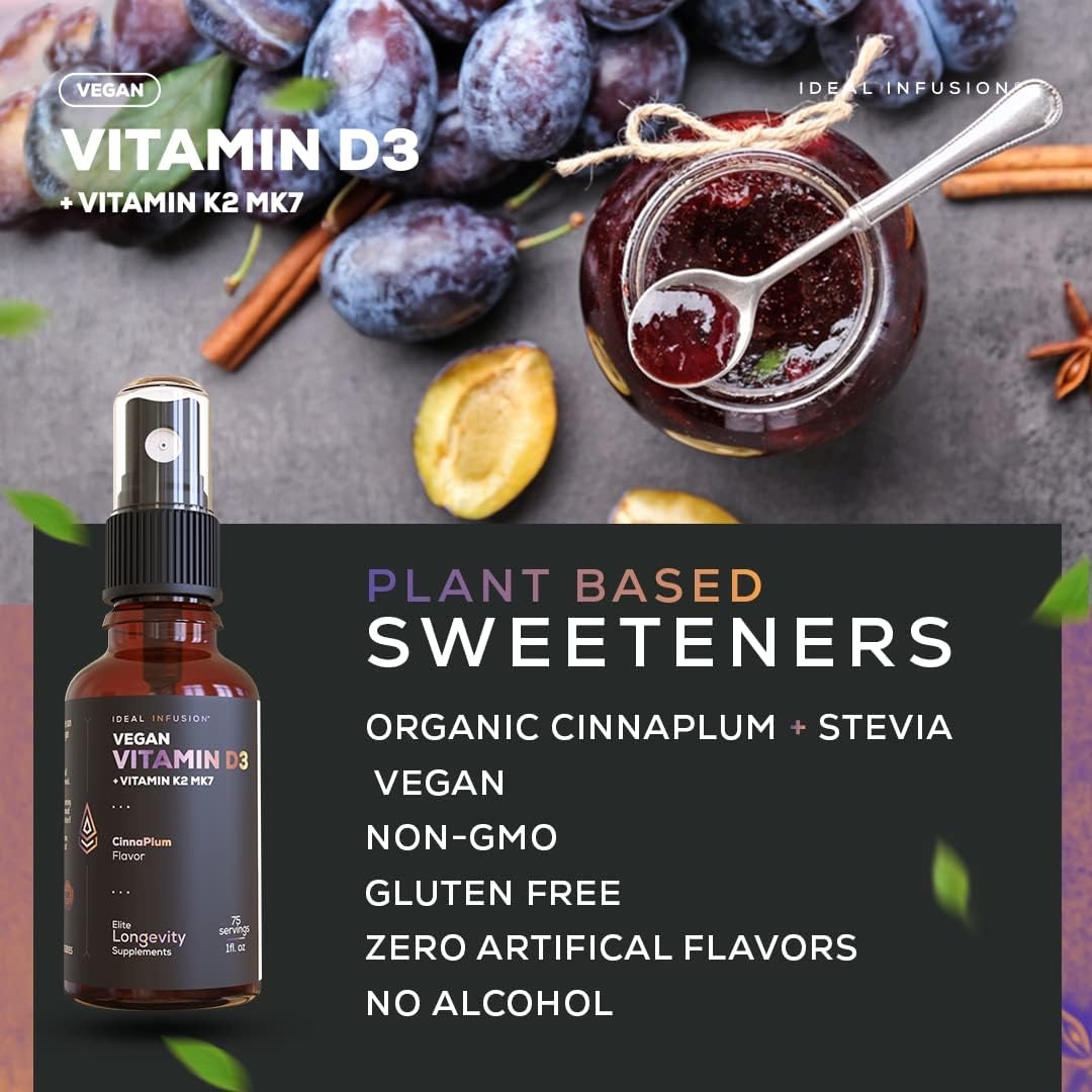 Ideal Infusion Vegan Vitamin D3 5000 Iu With K2 (Mk-7) Liquid Spray: Organic Plum With Cinnamon - Bone Health, Immune Support, Bone Structure (75 Servings) : Health & Household