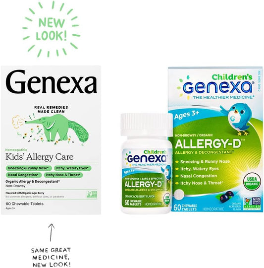 Genexa Kids' Allergy Care | Non-Drowsy, Homeopathic Decongestant & Allergy Medicine Relief For Children | Delicious Organic Acai Berry Flavor | 60 Chewable Tablets