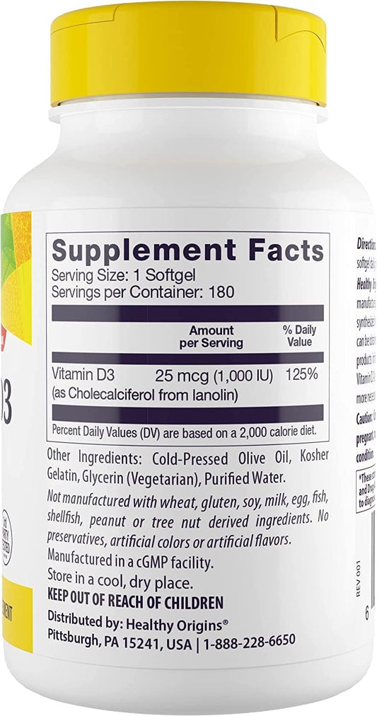 Healthy Origins Vitamin D3 (Lanolin) 1,000 IU Softgel - Bone Health and Immune Support Supplement - Easily Absorbable Vitamin D Supplements - Gluten-Free Vitamin D3 Supplement - 180 Softgels