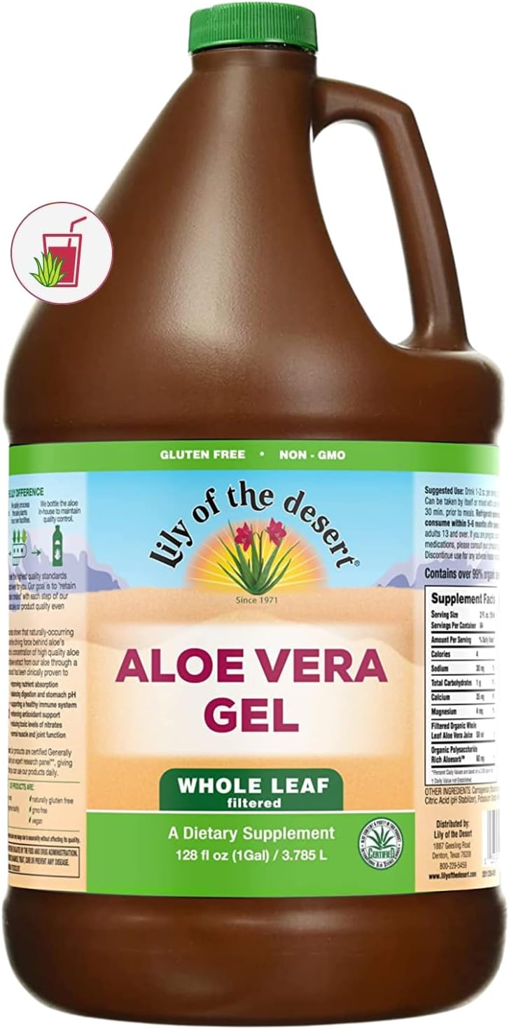 Lily of the Desert Aloe Vera Gel, Preservative Free - Whole Leaf Filtered Thicker Consistency Aloe Vera Drink with Natural Vitamins, Digestive Enzymes for Gut Health, Wellness, Glowing Skin, 128 Fl Oz