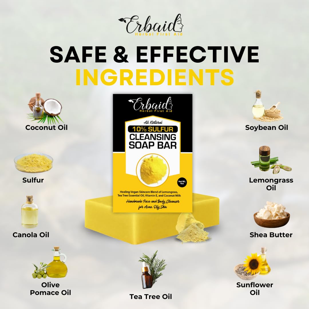 10% Sulfur Soap Cleansing Bar For Face & Body – All Natural Sulfur Facial Cleanser For Acne, Oily Skin – Skincare Blend Of Lemongrass, Tea Tree Essential Oil, Vitamin E, Coconut Milk – Made In Usa