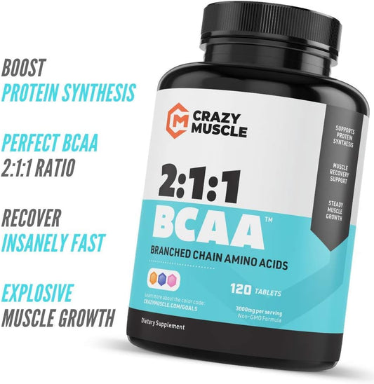 Crazy Muscle Bcaa Pills With The Perfect 2:1:1 Ratio Of Branched Chain Amino Acids Supplement - 1000Mg Of Bcaas Per Pill (Better Than Capsules) By Crazy Muscle - 120 Tablets