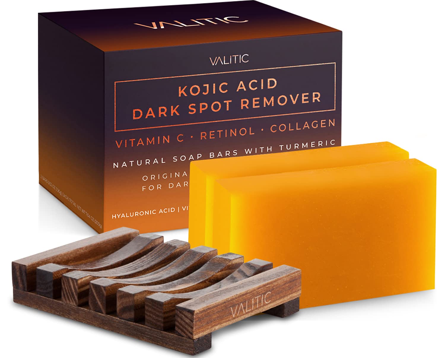 Valitic Kojic Acid Dark Spot Remover Soap Bar With Vitamin C,Retinol,Collagen,Turmeric - Original Japanese Complex Hyaluronic Acid,E,Shea Butter,Castile Oil (2 Pack) With Holder,Pack Of 3,3.5 Ounces