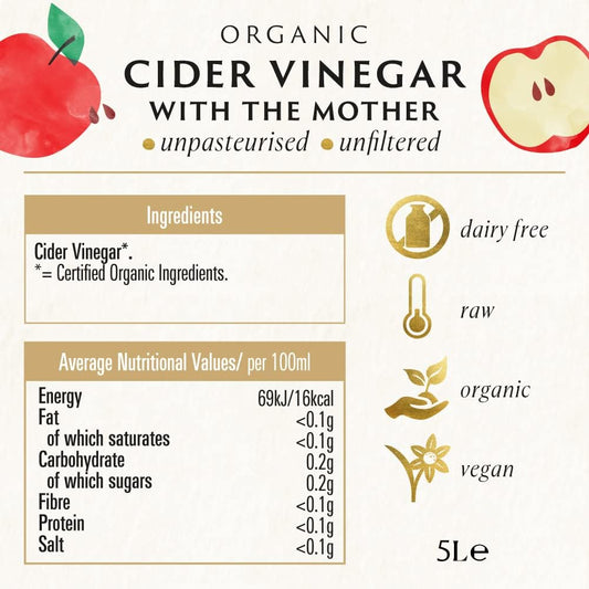 Biona Organic Apple Cider Vinegar with Mother 5 L, 5 Percent Acidity - Raw, Unfiltered & Unpasteurised - Naturally Vegan