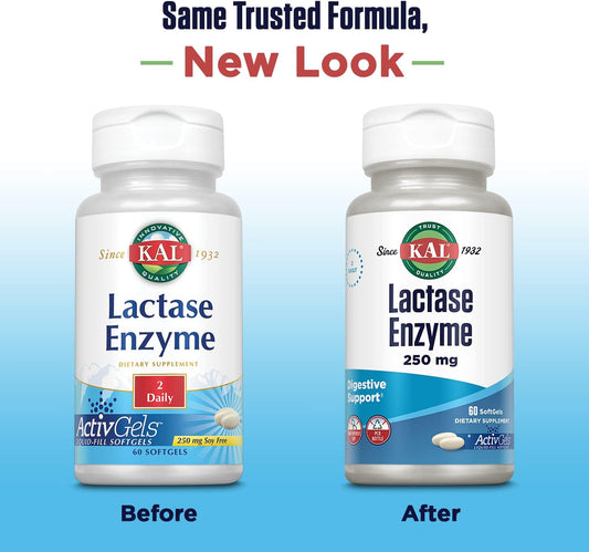 Kal Lactase Enzyme 250 Mg, Healthy Digestion Support For Lactose Intolerance, Liquid-Filled Activgels Made Without Soy, 250 Fcc Units, 30 Servings, 60 Softgels