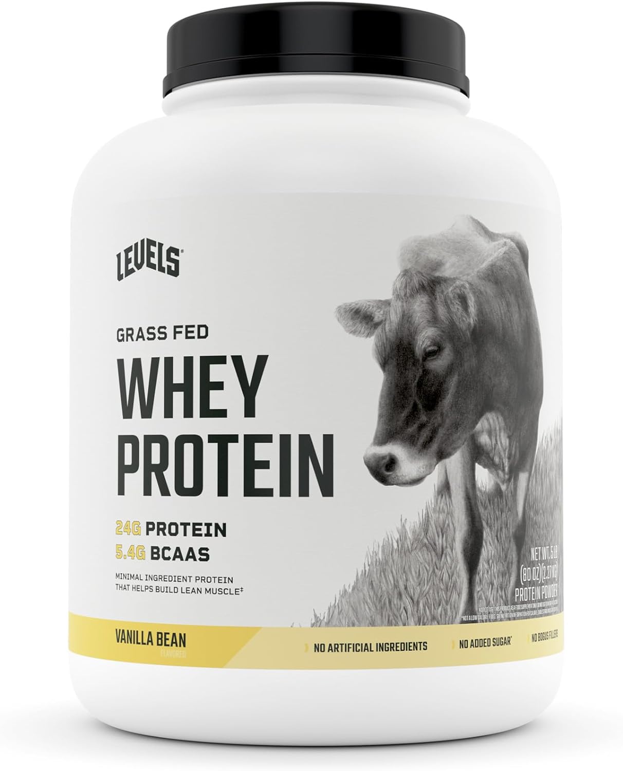 Levels Grass Fed Whey Protein Powder, No Artificials, 24G Of Protein, Vanilla Bean, 5Lb