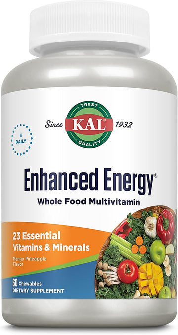 Kal Enhanced Energy Supplements, Whole Food Chewable Multivitamin With Iron, 3 Daily, 23 Essential Vitamins And Minerals, Super Foods, Enzymes, Mango Pineapple Flavor, 60-Day Guarantee, 20 Serv, 60Ct