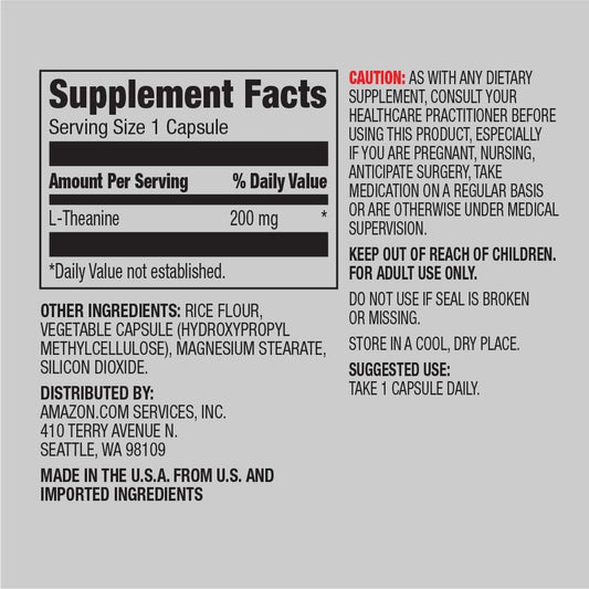 Amazon Elements L-Theanine, 200Mg, 60 Capsules, 2 Month Supply (Packaging May Vary)