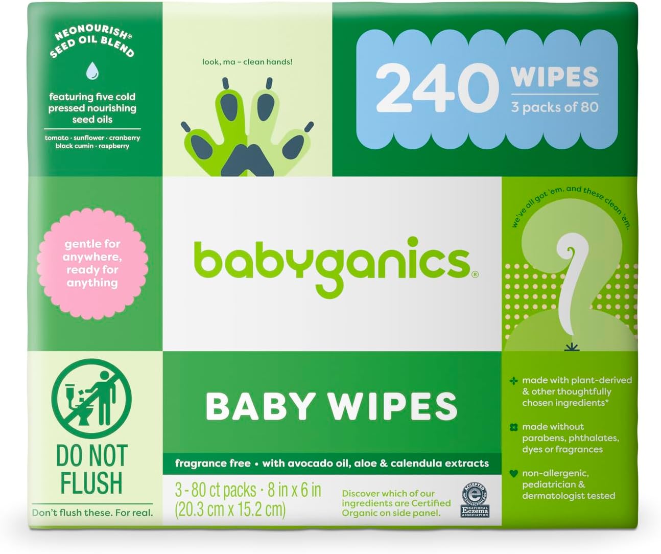 Babyganics Baby Wipes, Unscented Diaper Wipes, 240 Count, (3 Packs Of 80), Non-Allergenic And Formulated With Plant Derived Ingredients