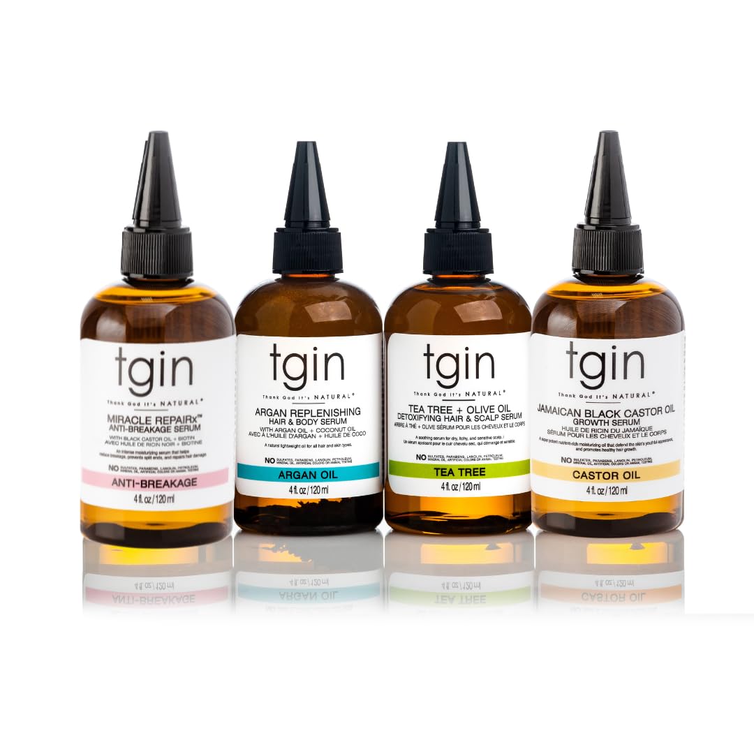 tgin Serum 4 pack for Natural Hair - MRx Anti-Breakage Serum, Tea Tree and Olive Oil Serum, Argan Replenishing Serum, and Jamaican Black Castor Oil - Dry Hair, Curly Hair, Hydrates, 4 oz bottle