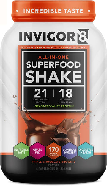 Invigor8 Superfood Grass Fed Whey Protein Isolate Shake Chocolate Brownie Gluten-Free And Non Gmo Meal Replacement With Probiotics And Omega 3 (645G)