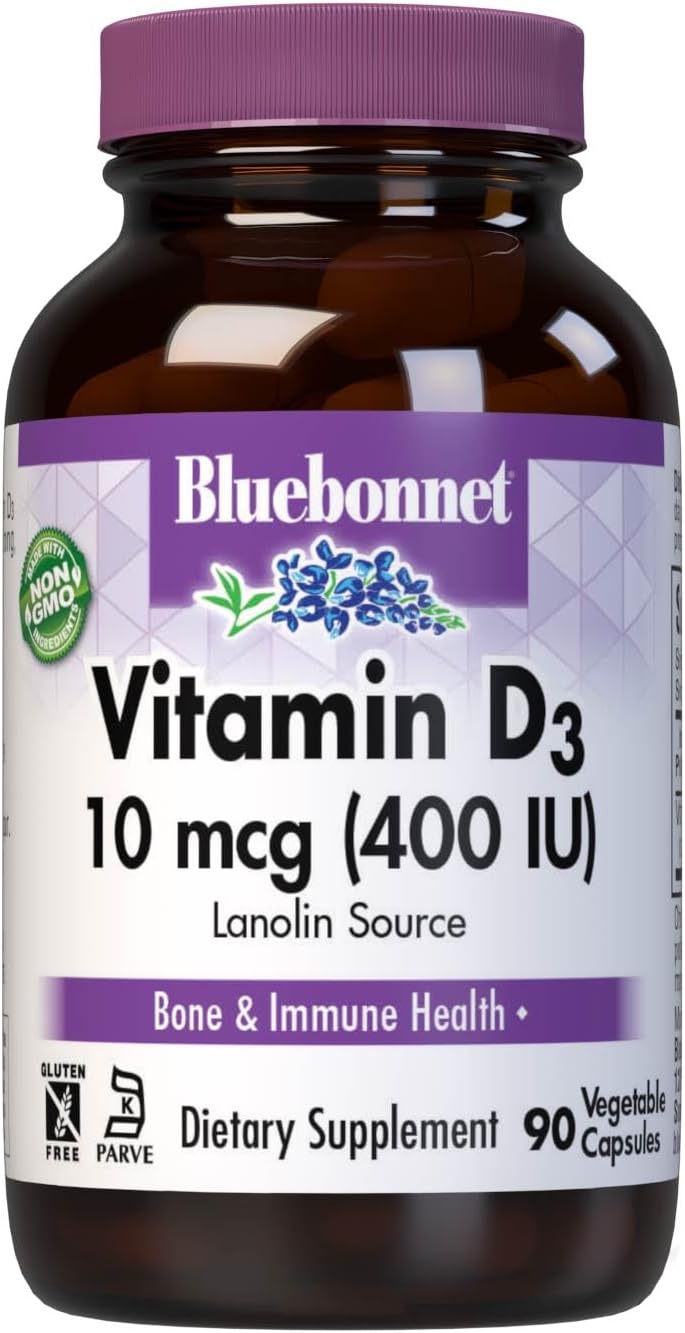 Bluebonnet Nutrition Vitamin D3 400 Iu Vegetable Capsule, Aids In Muscle And Skeletal Growth, Cholecalciferol From Lanolin, D3, Non Gmo, Gluten Free, Soy Free, Milk Free, Kosher, 90 Vegetable Capsule (B0012Dvsjq)