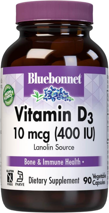 Bluebonnet Nutrition Vitamin D3 400 Iu Vegetable Capsule, Aids In Muscle And Skeletal Growth, Cholecalciferol From Lanolin, D3, Non Gmo, Gluten Free, Soy Free, Milk Free, Kosher, 90 Vegetable Capsule (B0012Dvsjq)