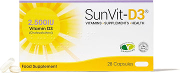 Sunvit-D3 High Strength Vitamin D 2500Iu Capsules - Cholecalciferol Vitamin D Capsules Support The Maintenance Of Bone, Teeth, Muscle & Immune System | Uk Made & Gmp Approved - D3 Vitamins 28 Capsules