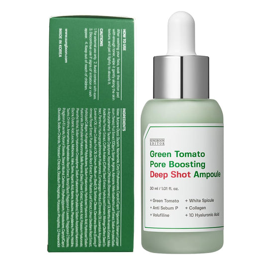 Sungboon Editor Green Tomato Volufiline Pore Boosting Deep Shot Ampoule - Pore Minimizing & Skin Tightening Serum With Collagen & Hyaluronic Acid Korean Skincare 1.01 Fl Oz