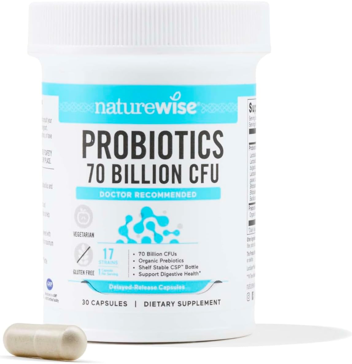 Naturewise Probiotics 70 Billion Cfu - 17 Strains + Organic Prebiotics - Immune, Digestive & Gut Health Probiotics For Women & Men - Vegetarian, Gluten-Free, Non-Gmo - 30 Capsules[1-Month Supply]