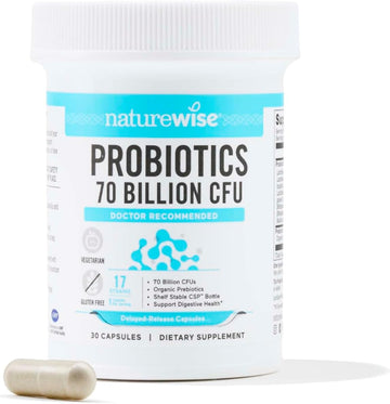 Naturewise Probiotics 70 Billion Cfu - 17 Strains + Organic Prebiotics - Immune, Digestive & Gut Health Probiotics For Women & Men - Vegetarian, Gluten-Free, Non-Gmo - 30 Capsules[1-Month Supply]