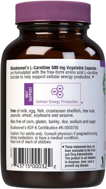 Bluebonnet L-Carnitine 500 Mg Vitamin Capsules, White, 60 Count