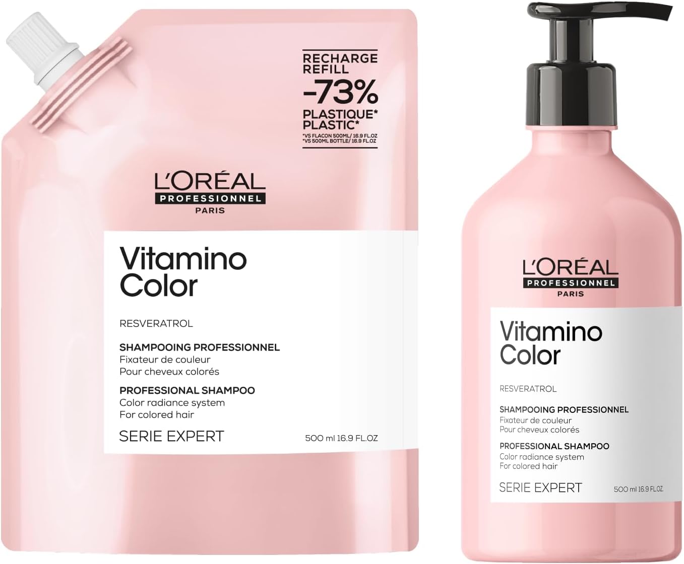 L’Oréal Professionnel Vitamino Color Shampoo & Refill Big Pack Bundle 1L (2X500Ml), Colour Protection And Shinier Hair, For Coloured Hair, 500Ml