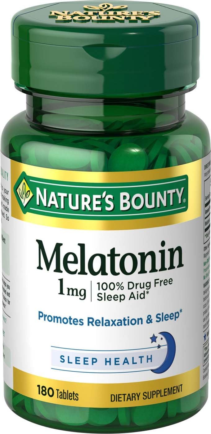 Nature'S Bounty Melatonin, 100% Drug Free Sleep Aid, Promotes Relaxation And Sleep Health, 1Mg, 180 Tablets