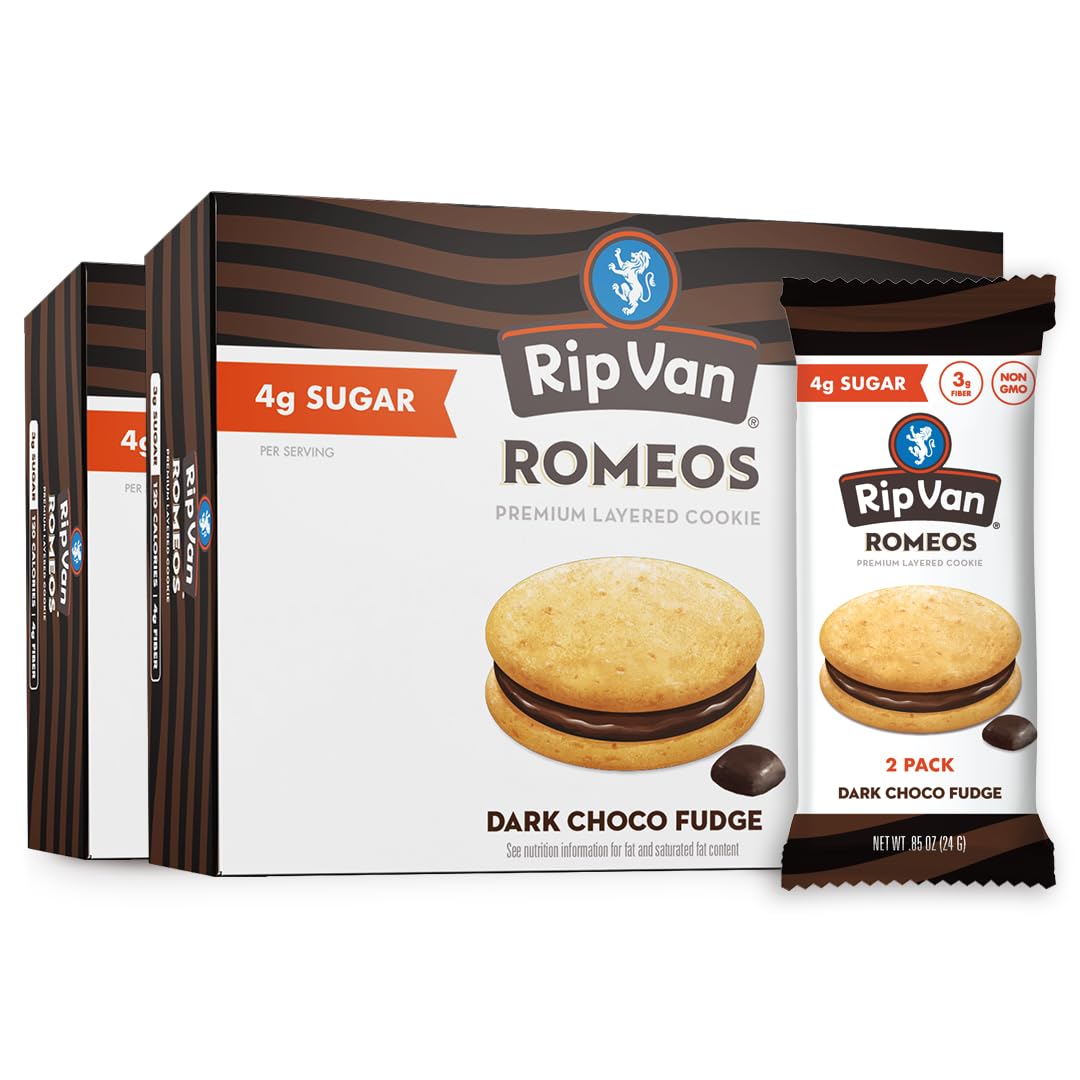 Rip Van Romeos Dark Chocolate Fudge Cookies - Low Sugar Cookies - Healthy Keto Snack - Individual 2 Packs (18 Count)