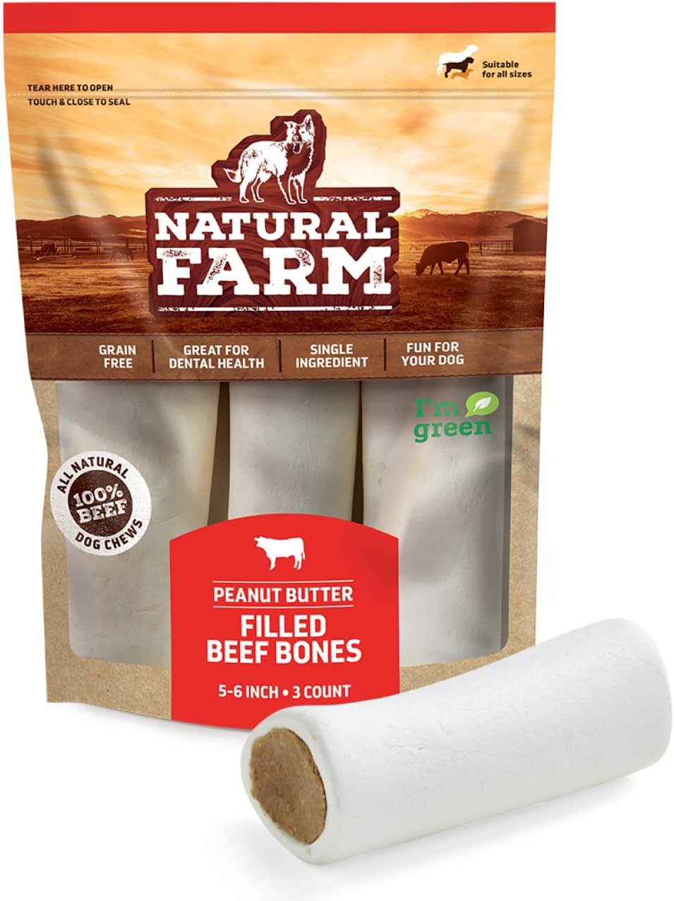 Natural Farm Peanut Butter Flavor Filled Dog Bones (5-6 Inch, 3 Pack), Limited Ingredient Stuffed Dental Dog Bone Treats For Small, Medium And Large Dogs