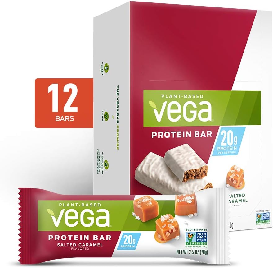 Vega 20g Protein Bar, Salted Caramel - High Protein Vegan Protein Bars, Plant Based, Vegetarian, Dairy Free, Gluten Free, Soy Free, Non GMO (12 Count)