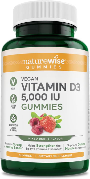 NatureWise Vegan Vitamin D3 5,000 IU Gummies - No Artificial Flavors or Colors, Supports Immune System & Strong Bones - Gluten Free - Delicious Mixed Berry Flavored - 60 Gummies (30-Day Supply)