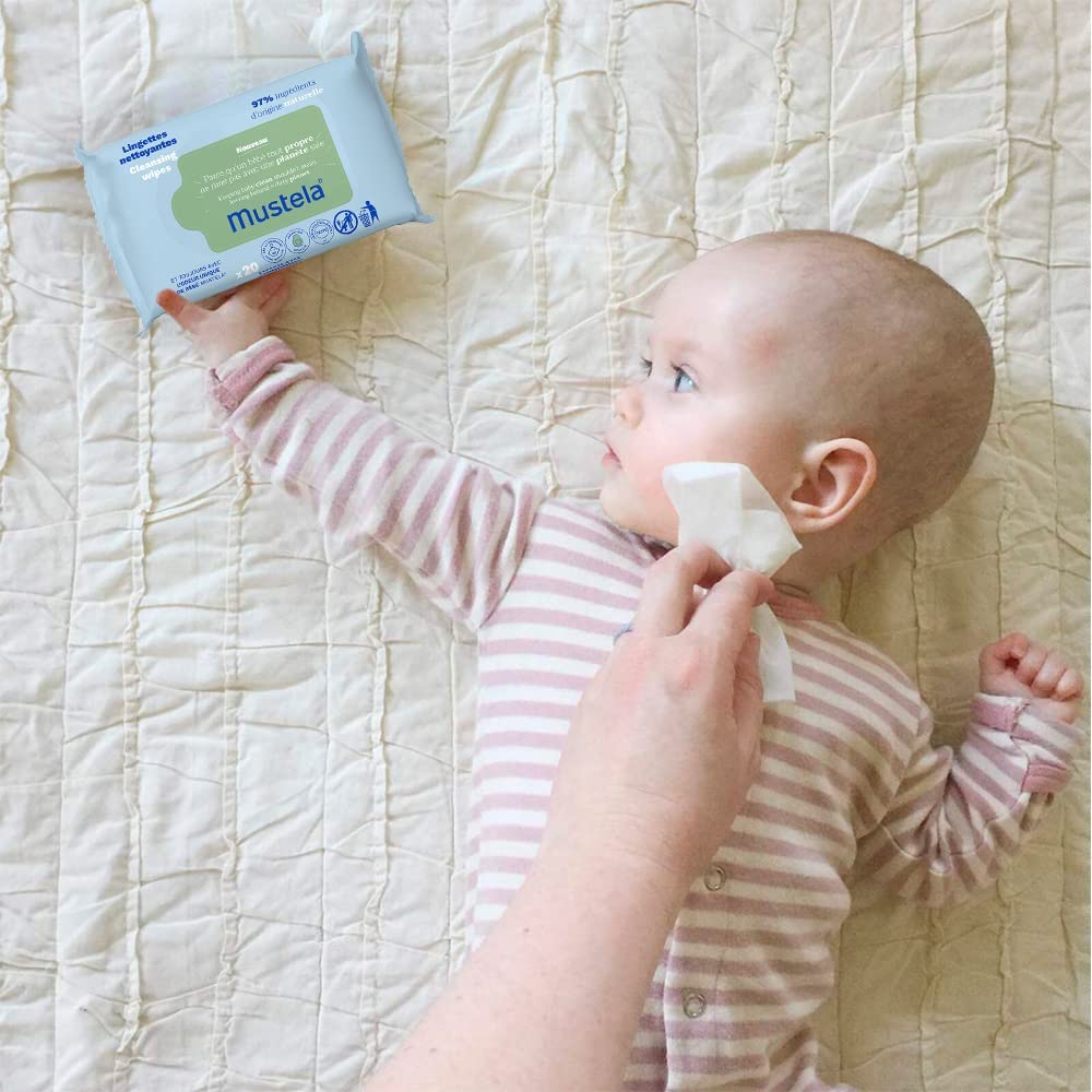 Mustela Baby Cleansing Wipes with Natural Avocado - For Face, Body & Diaper Area - Made with Compostable & Plastic Free Fibers - Lightly Scented - 20 ct. (1-Pack)