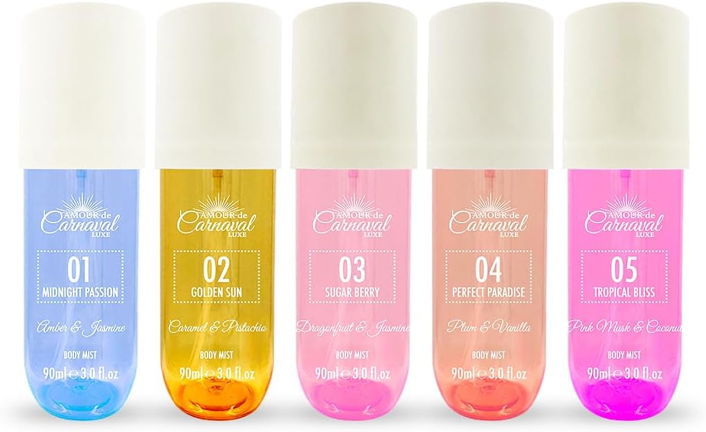 Brazilian Inspired Perfume, Body Spray Body Mist Fragrance Spray - Fresh And Floral Fragrance Perfume- 5 X 100Ml (Golden Sun, Sugar Berry, Perfect Paradise, Tropical Bliss, Midnight Passion)