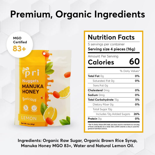 P.R.I Manuka Honey & Lemon Nuggets, Sweet And All Natural Hard Candy Treat, 3Oz
