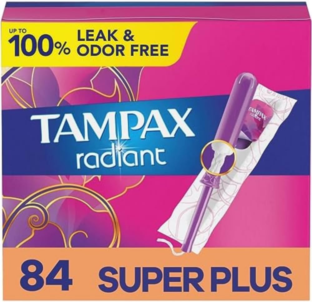 Tampax Radiant Tampons With Leakguard Braid, Super Plus Absorbency, Unscented, 28 Count X 3 Pack (84 Count Total)