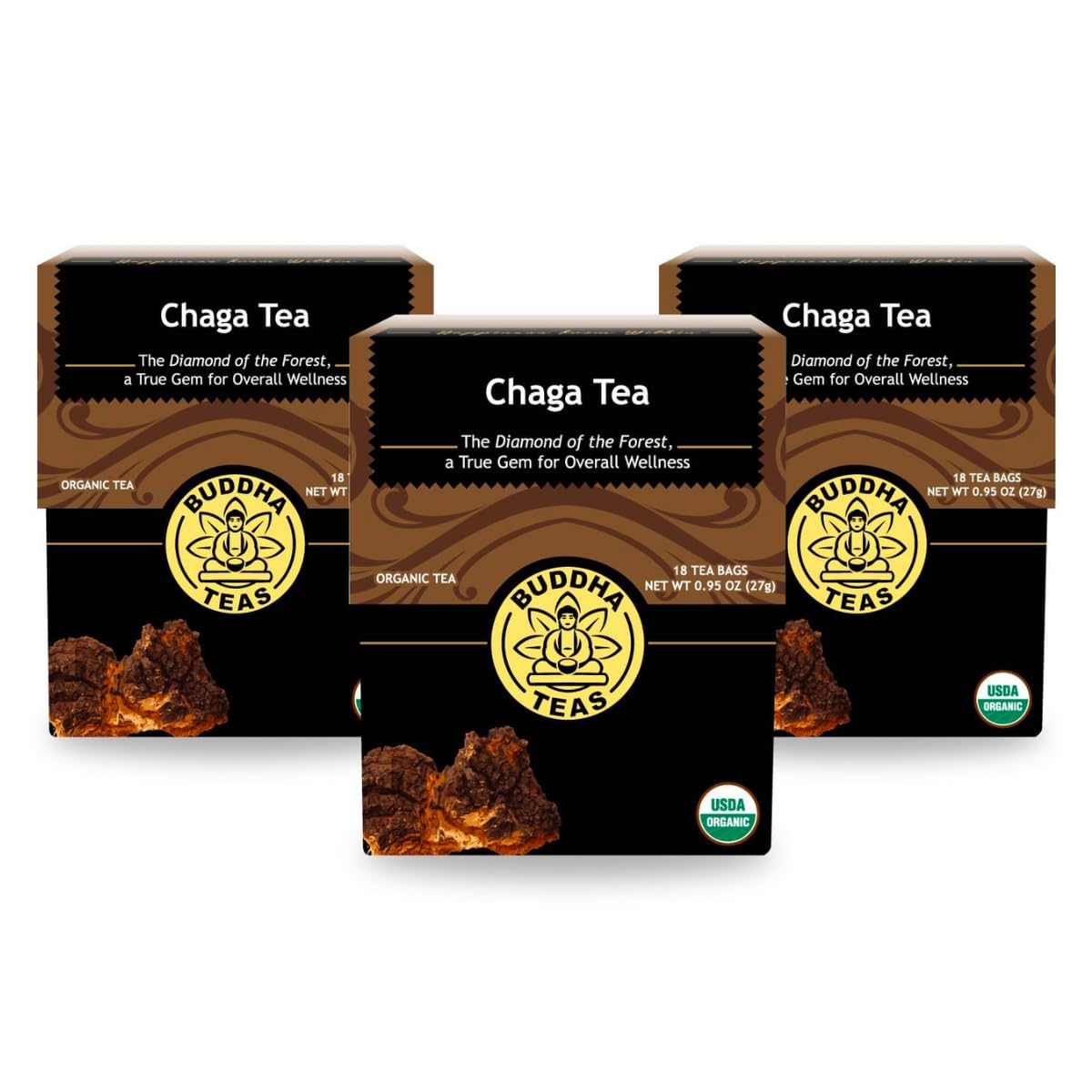 Buddha Teas - Chaga Tea - Organic Herbal Tea - For Cognitive Balance & Overall Health - With Chaga Mushroom, Antioxidants & B Vitamins - Caffeine Free - 100% Kosher & Non-Gmo - 18 Tea Bags (Pack Of 3)