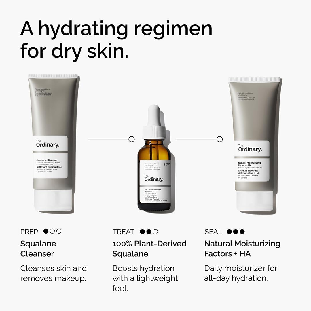 The Ordinary 100% Plant-Derived Squalane, For Skin And Hair, Lightweight Hydration, And Moisture Barrier Support, 30Ml