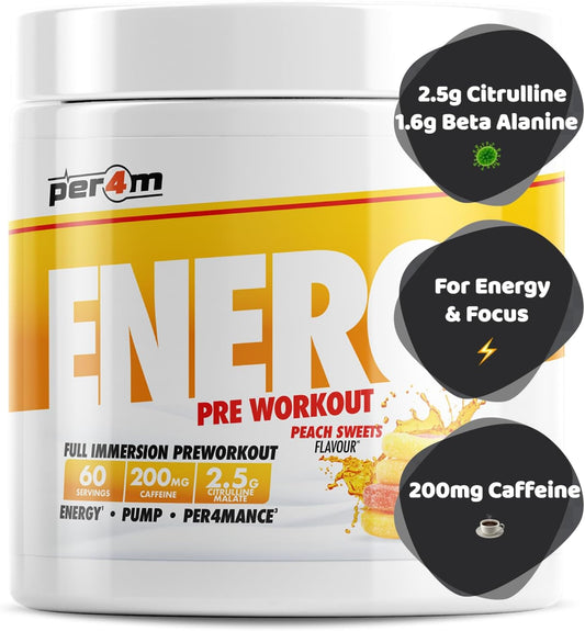 Per4M Energy Pre Workout With Amino Acids | Caffeine, Tyrosine, Citrulline & Theobromine | Endurance, Focus & Sustained Power | 60 Servings (390G, Peach Sweets)
