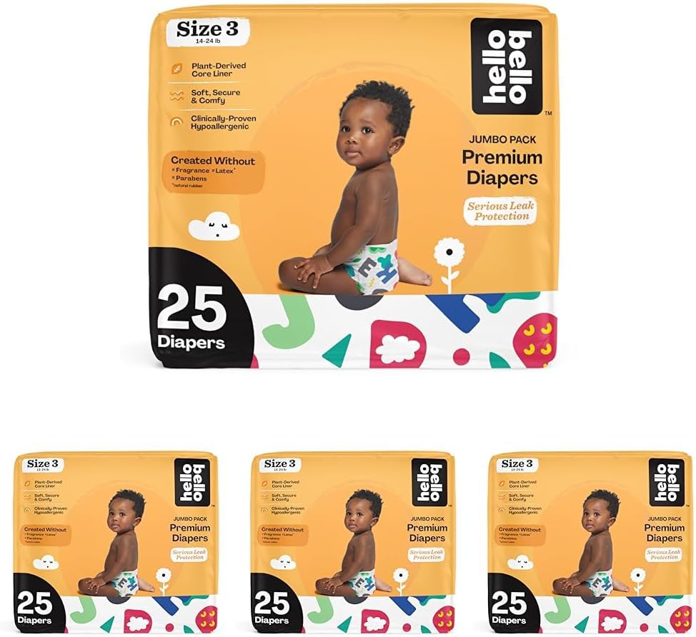 Hello Bello Premium Baby Diapers Size 3 I 25 Count Of Disposable, Extra-Absorbent, Hypoallergenic Baby Diapers With Snug And Comfort Fit I Alphabet Soup (Pack Of 4)
