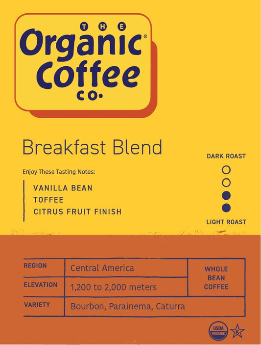 The Organic Coffee Co. Whole Bean Coffee - Breakfast Blend (2lb Bag), Medium Roast, USDA Organic