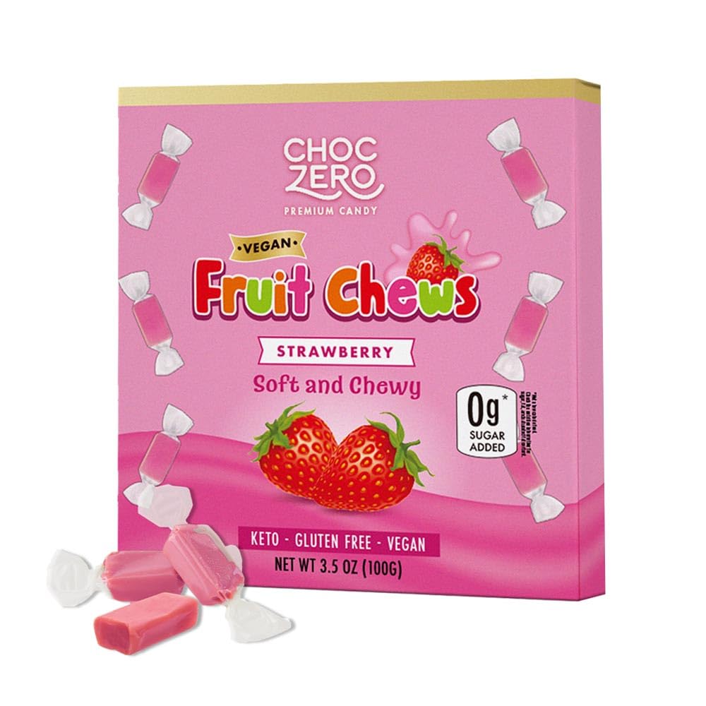 Choczero Sugar Free Strawberry Fruit Chews, All Natural Ingredients, Vegan, Keto Friendly, Soft And Chewy Candy, 3.5 Ounce Box (Pack Of 1)