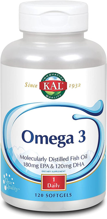 KAL Omega 3 | Omega-3 Fish Oil for Healthy Heart, Joint & Brain Support | 180mg EPA, 120mg DHA (120 CT, 120 Serv)