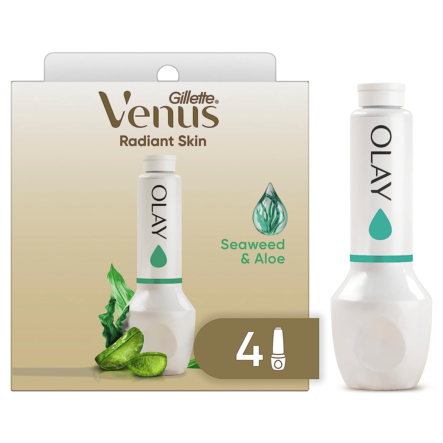 Gillette Venus Radiant Skin Seaweed & Aloe Olay Razor Moisturizer Refills, 4Ct, White